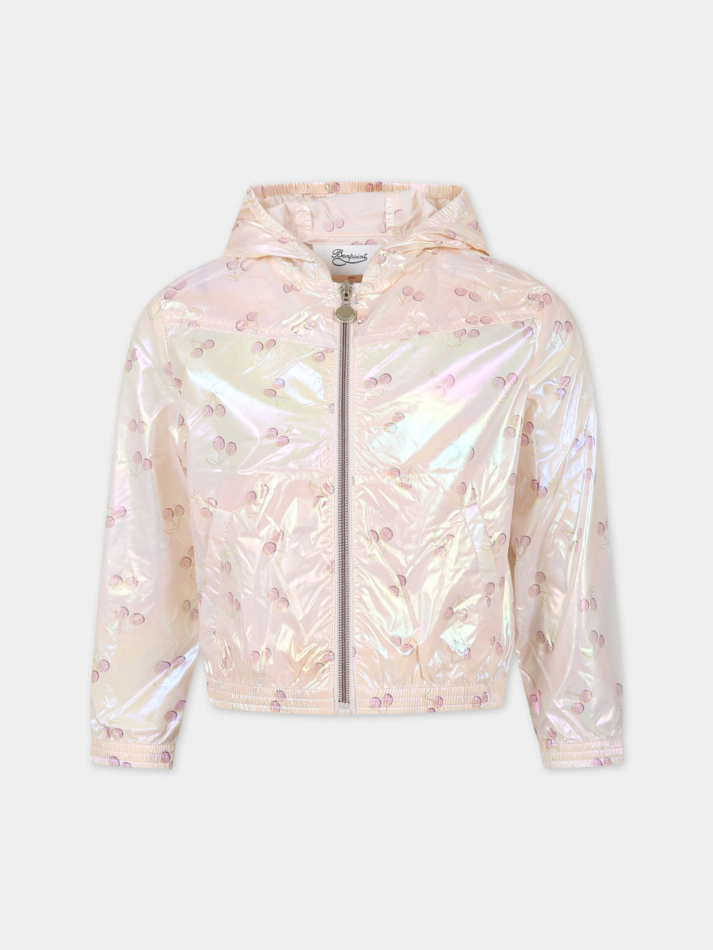 Pink windbreaker for girl with all-over cherries